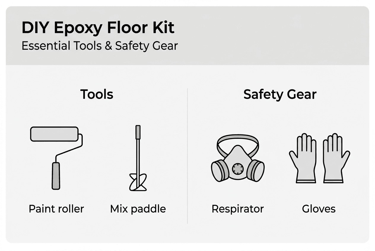 Infographic listing tools and safety gear for epoxy