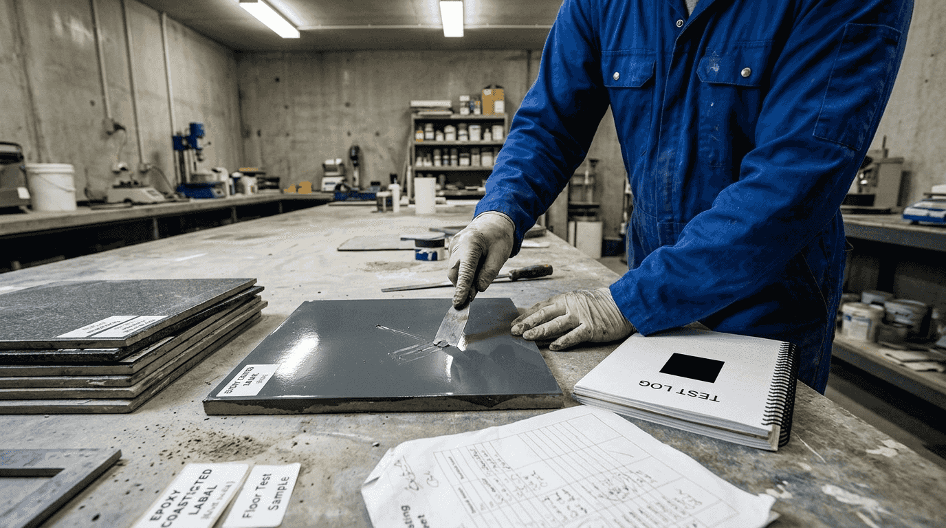 Technician performing abrasion test on epoxy sample