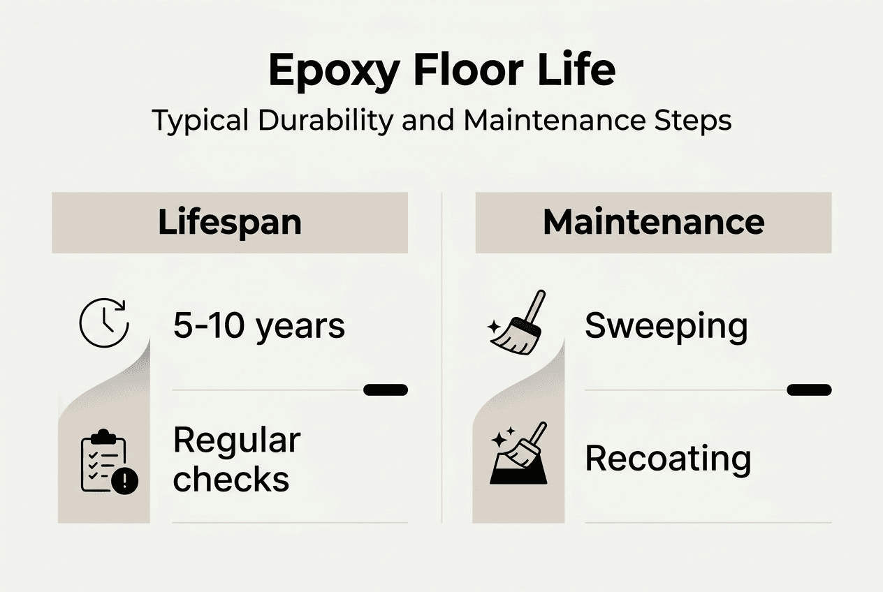 Infographic showing epoxy floor maintenance and lifespan