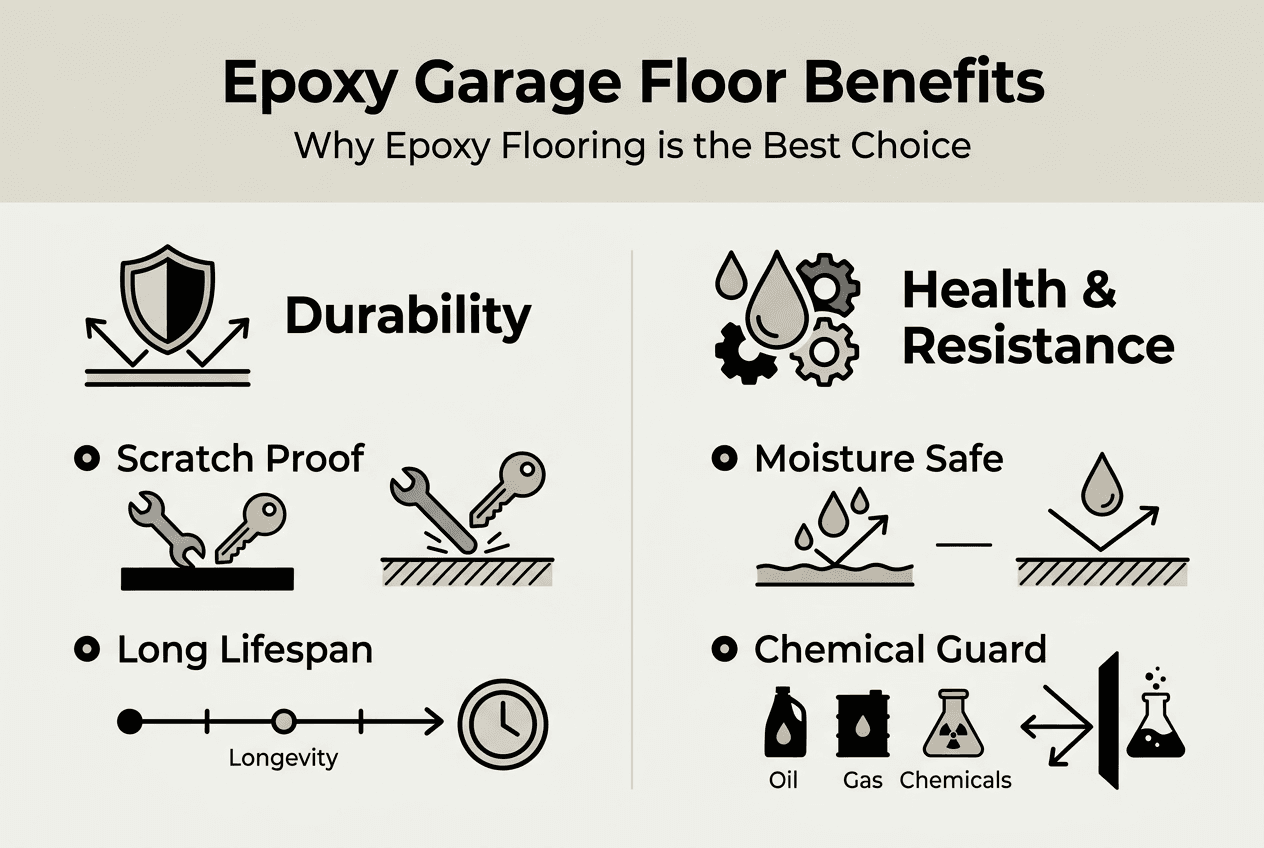 Infographic depicting main epoxy garage floor benefits