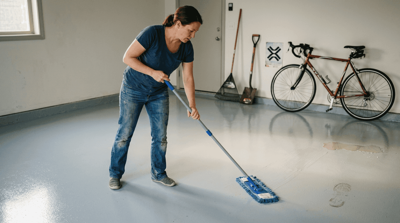 Woman mopping seamless epoxy garage floor