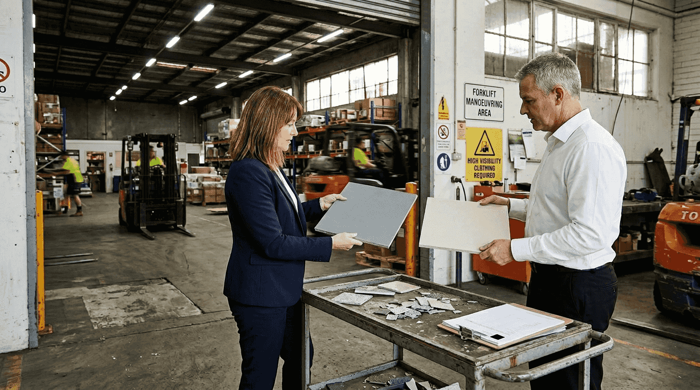 Managers comparing epoxy and polyurethane floor samples