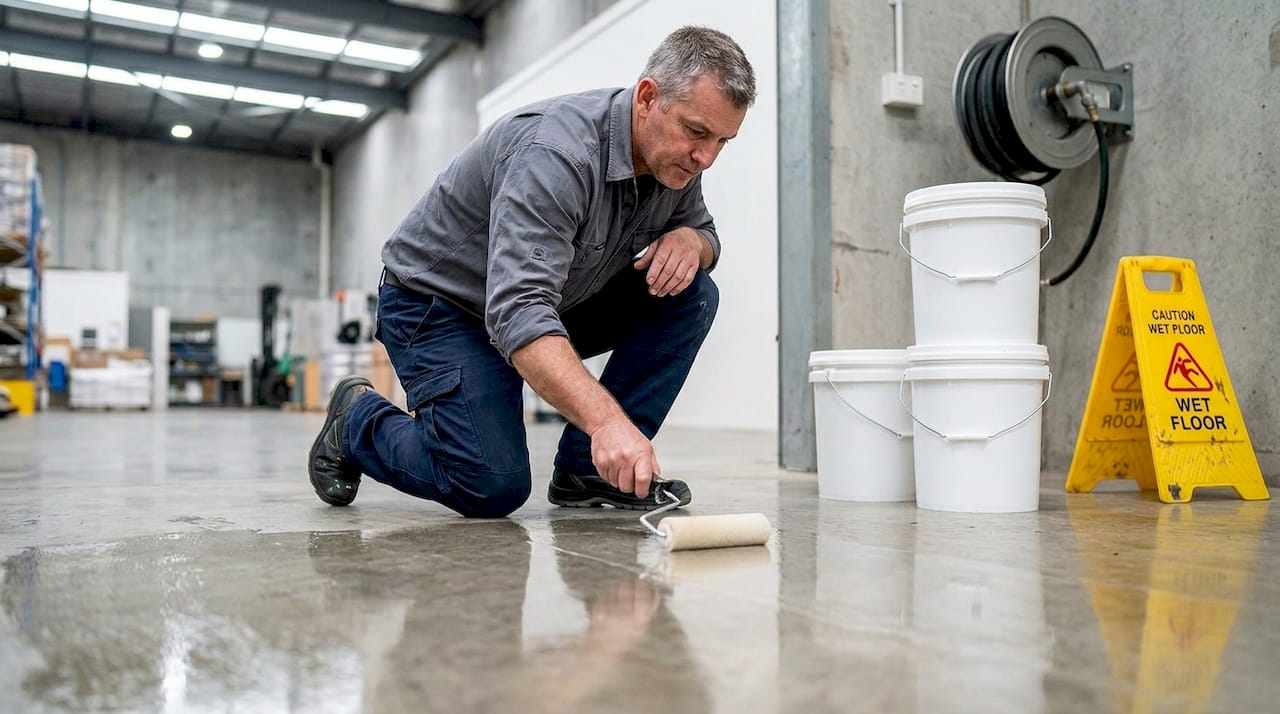 Applying epoxy coating to polished warehouse floor