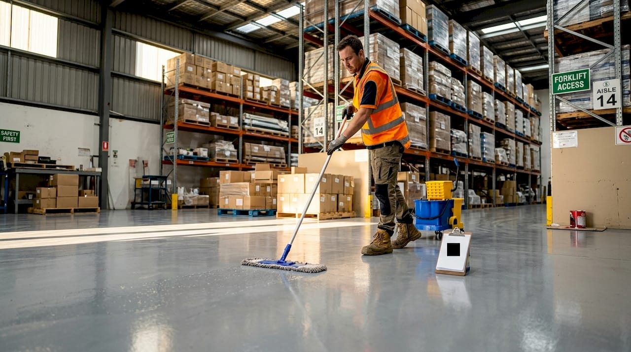 Worker cleaning epoxy resin warehouse floor
