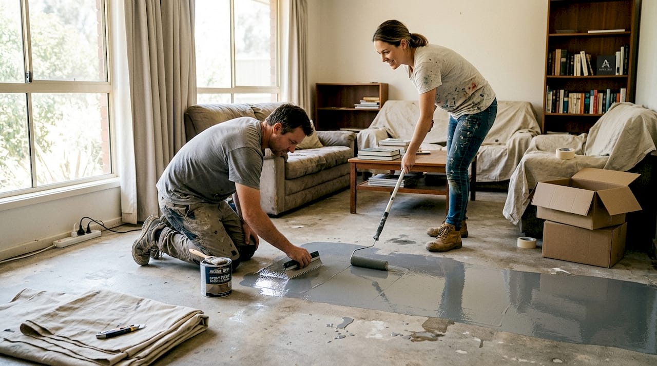 Homeowners applying epoxy on living room floor