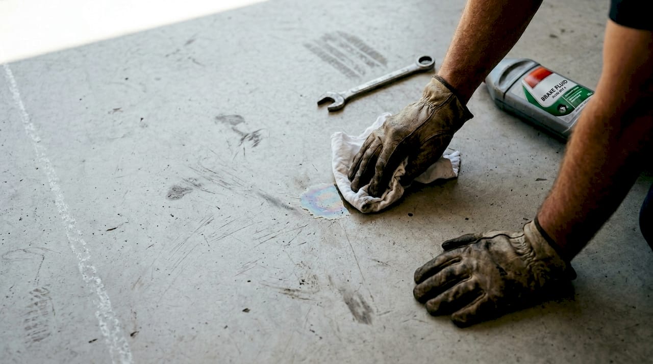 Hands cleaning oil spill on garage floor