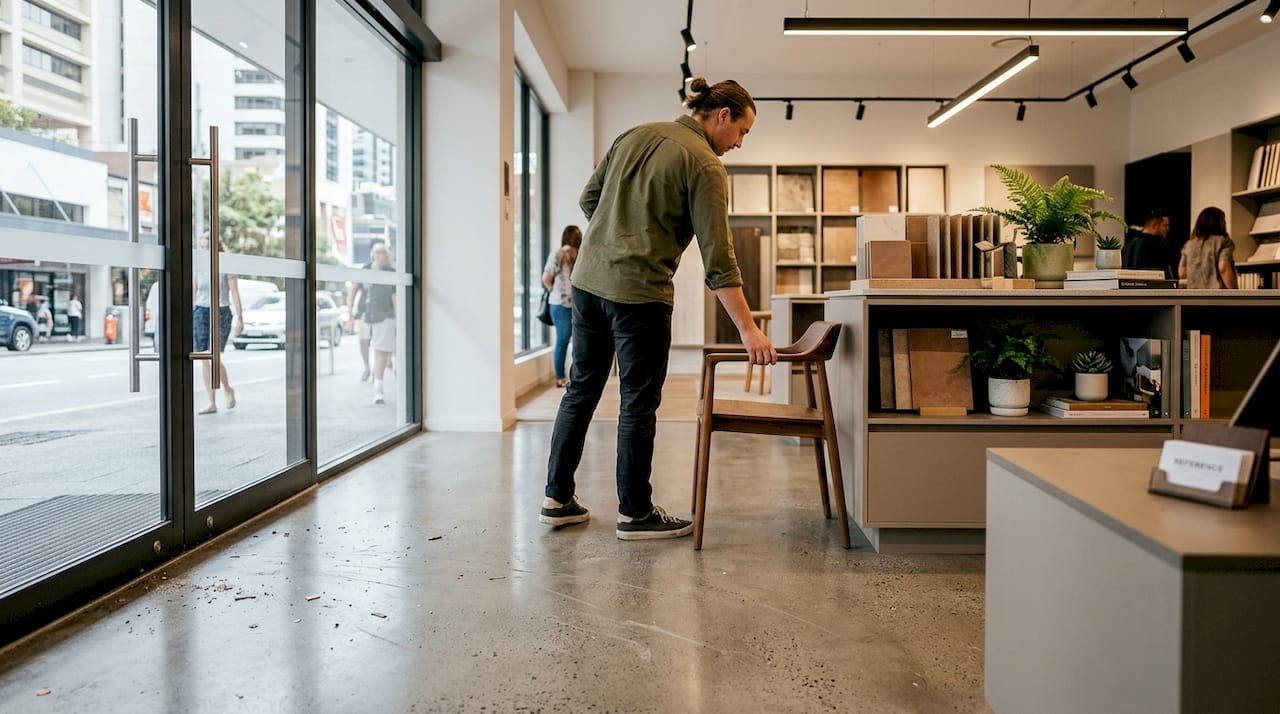 Showroom with polished concrete flooring in use