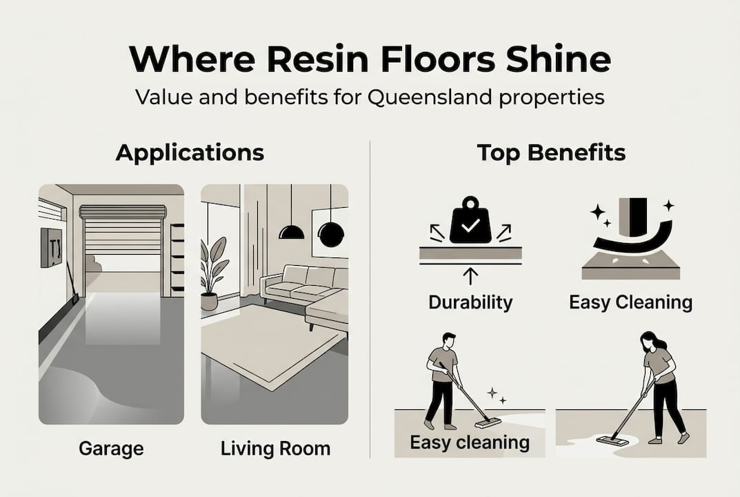 Infographic with applications and benefits of resin floors