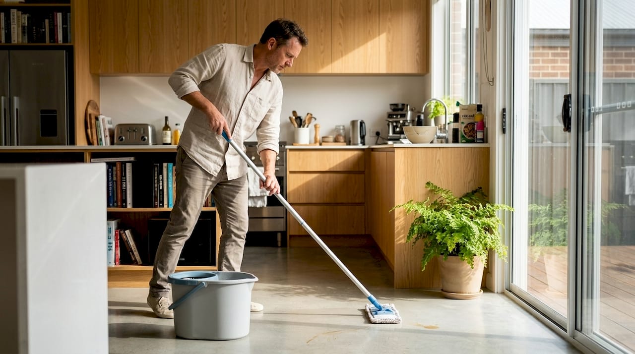 Homeowner mopping kitchen concrete floor