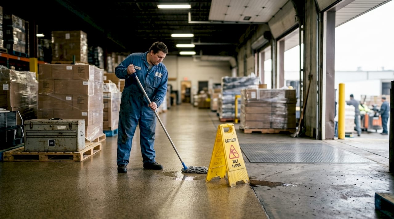 Worker mopping spill on epoxy warehouse floor