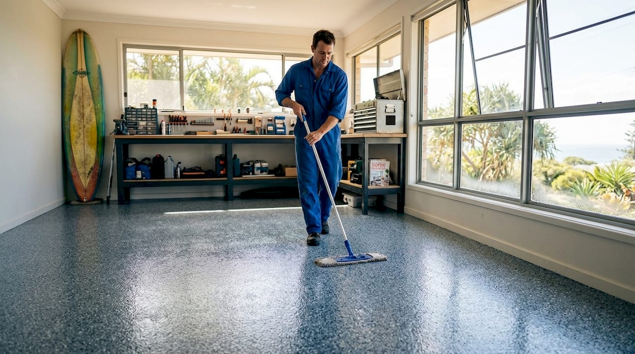Technician cleaning glossy epoxy garage floor