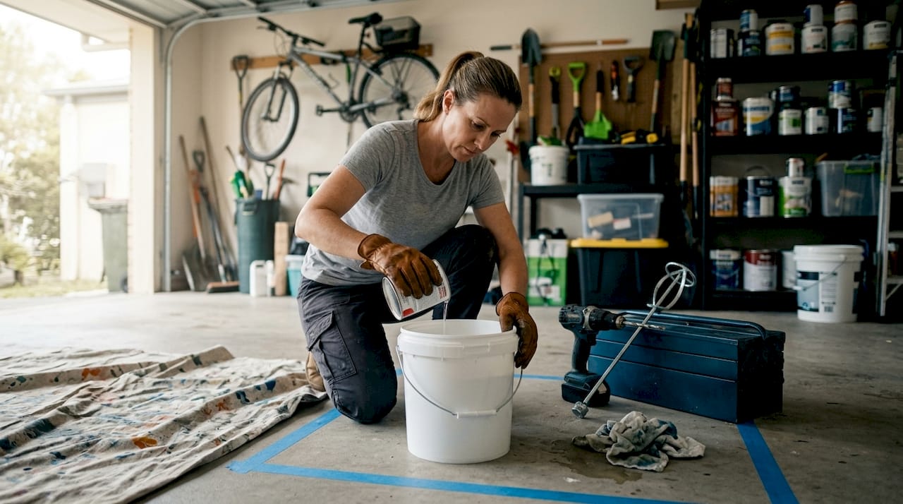 Woman mixing epoxy in garage with tools nearby