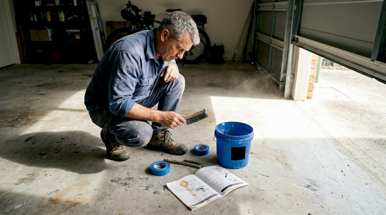 Contractor preparing garage floor for sealing
