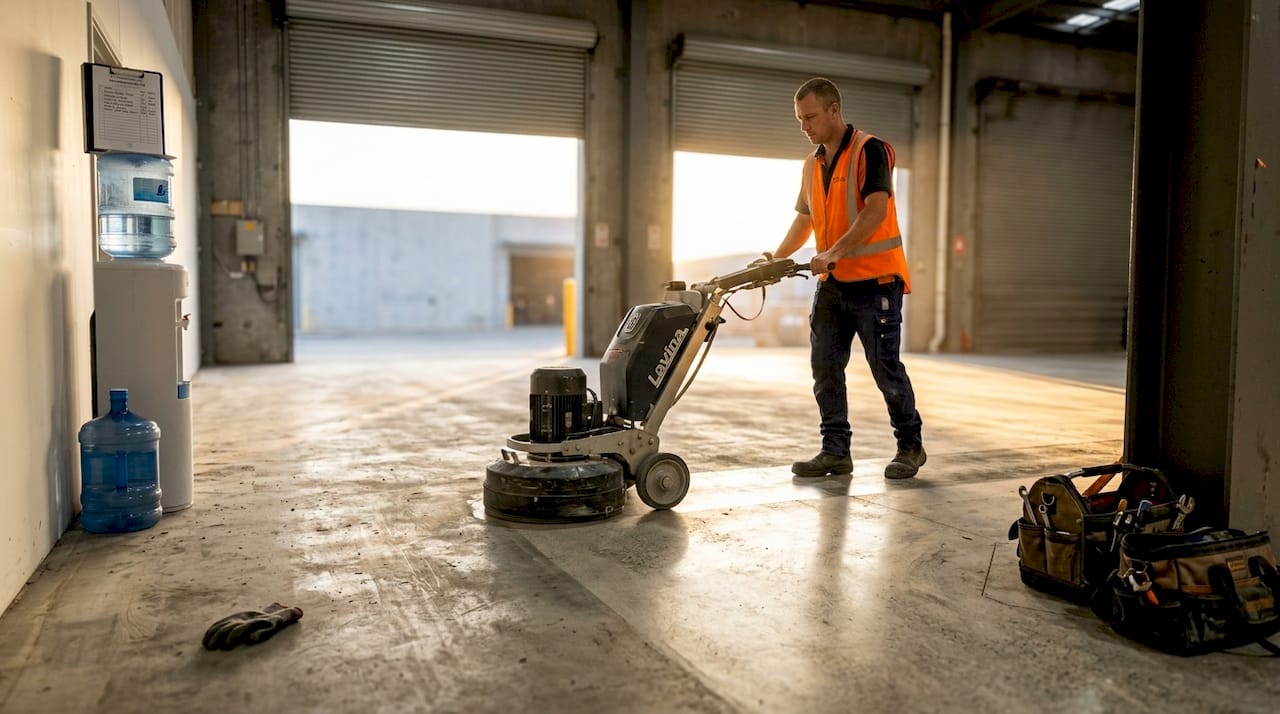 Contractor polishing concrete warehouse floor