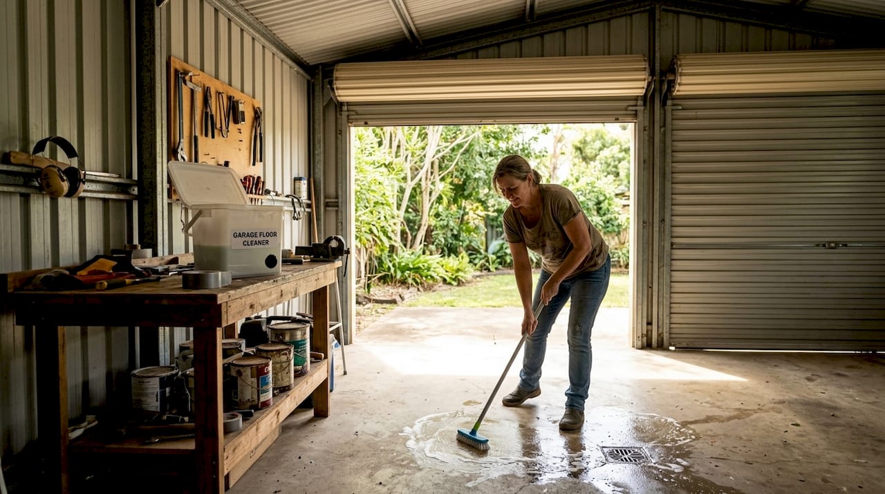 Scrubbing concrete floor during cleaning process