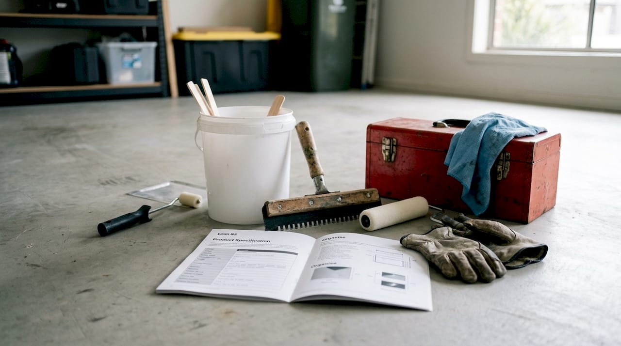 Epoxy floor installation tools on garage floor