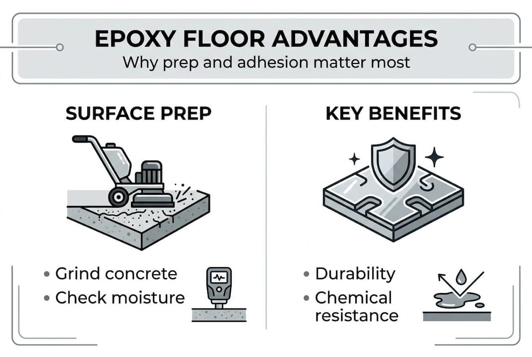 Infographic showing epoxy floor prep and benefits