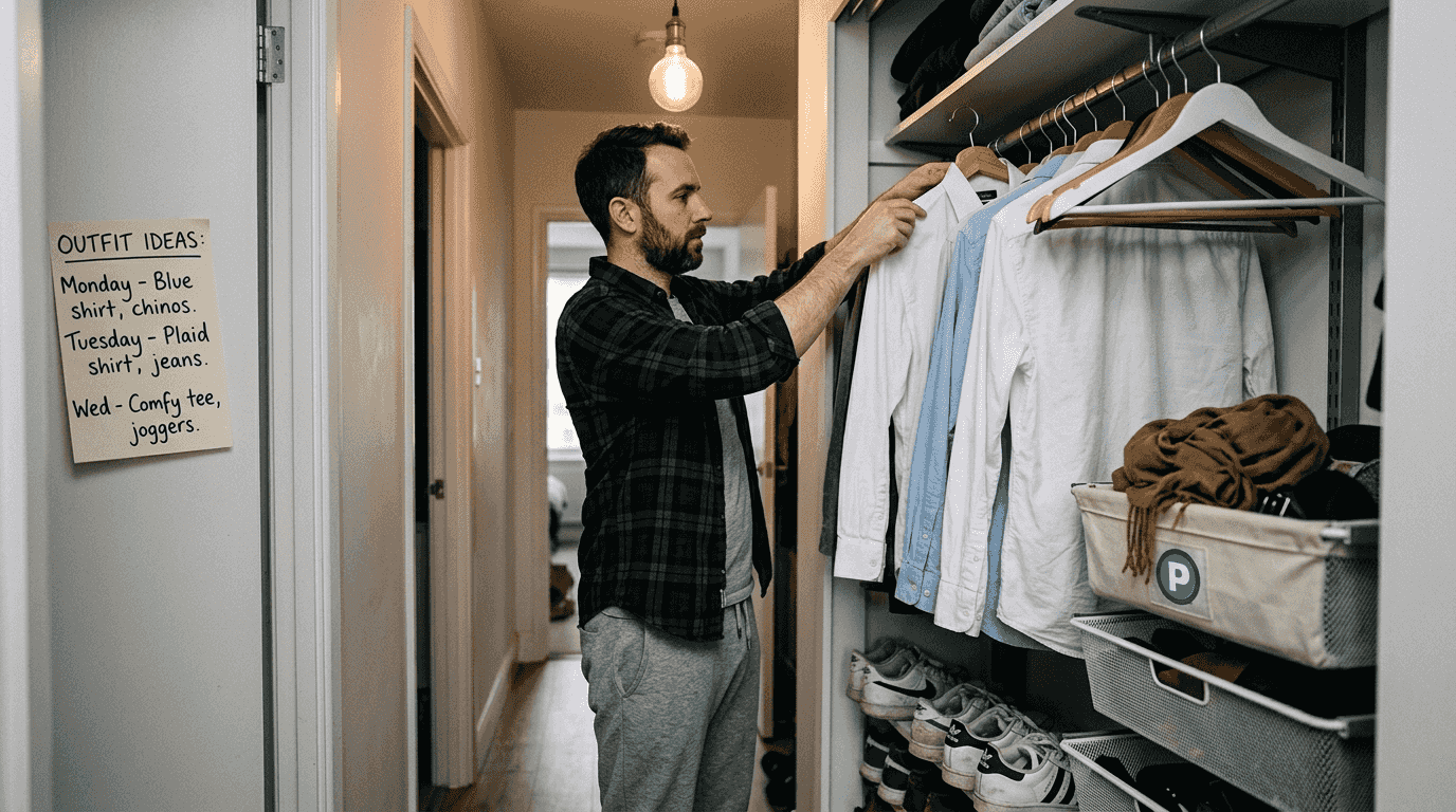 Man organizing outfits in open closet space
