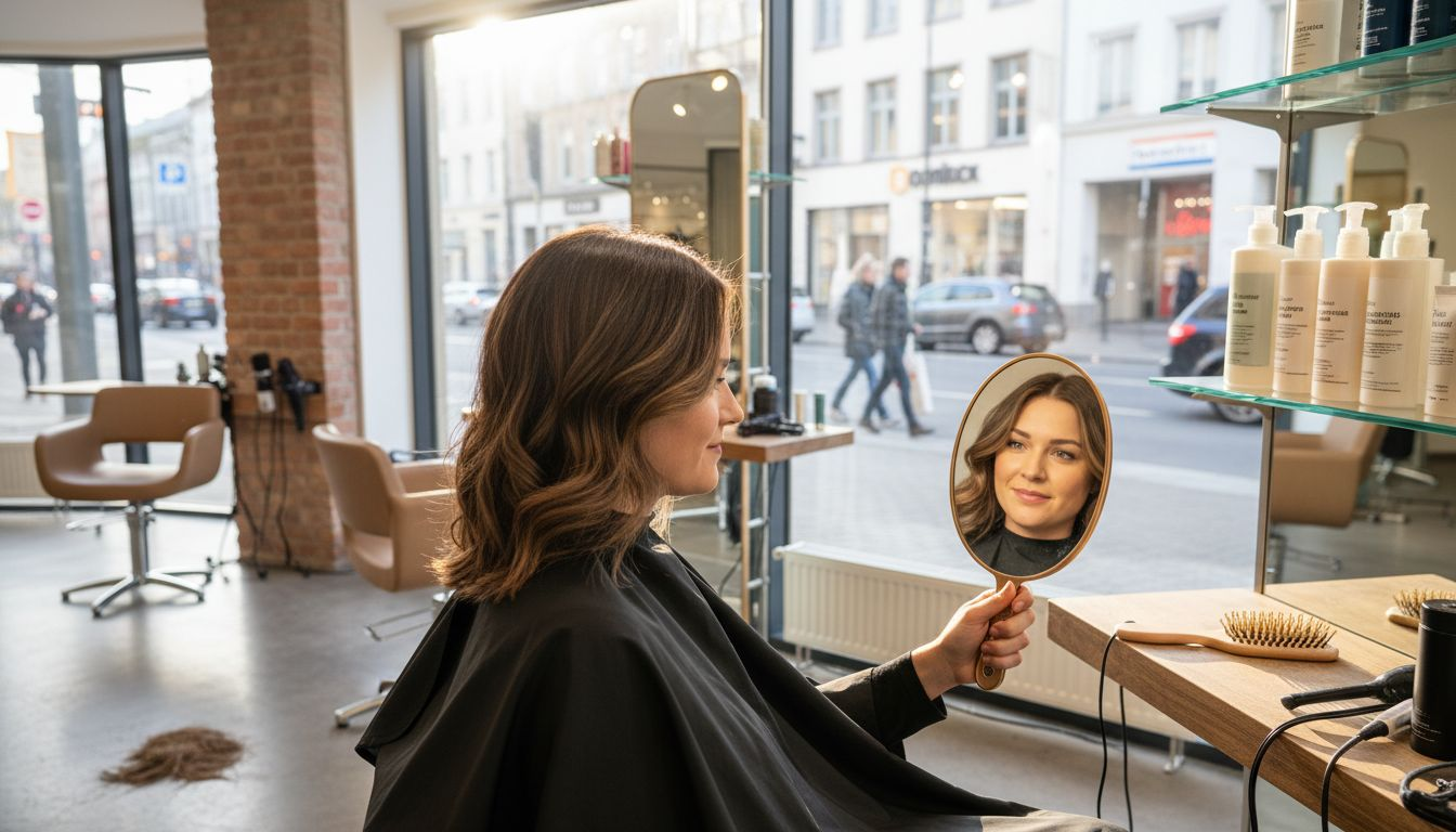 Eine detailverliebte Frau mit angesagtem braunen Haar genießt ihren Besuch im modernen Stadtsalon.