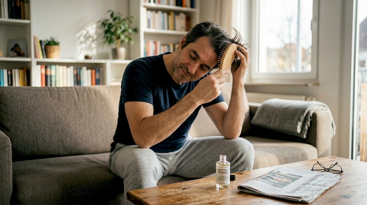 Ein Mann sitzt auf dem Sofa und pflegt sein Haar mit einer Bürste und Haaröl.
