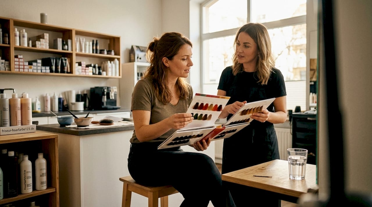 Eine Kundin lässt sich vom Friseur im Salon zu verschiedenen Haarfarben beraten.