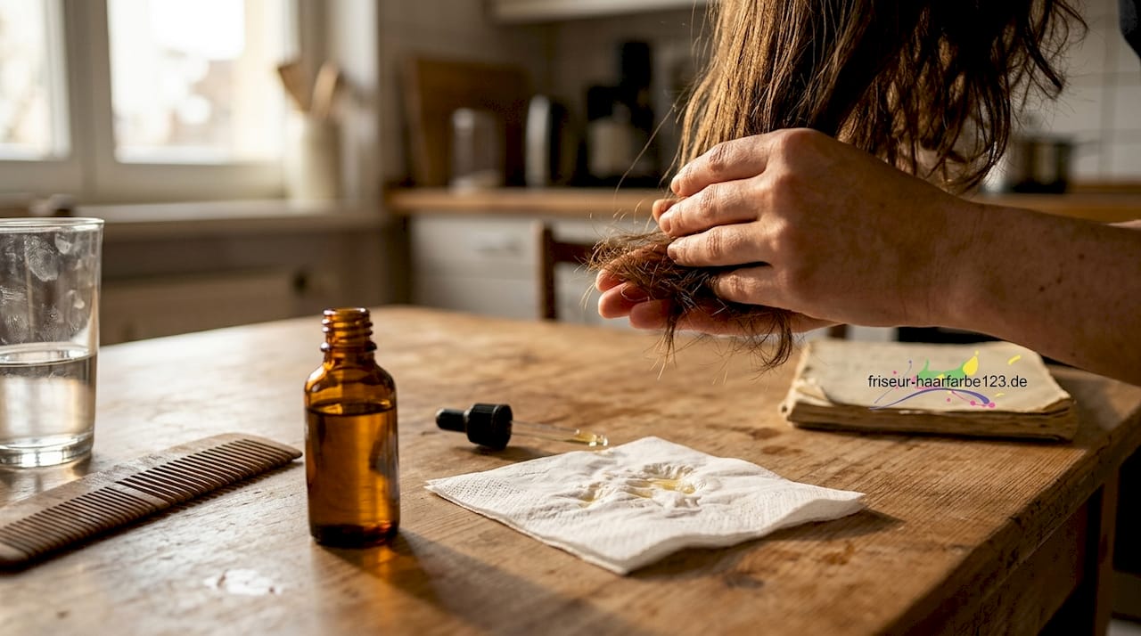 Mit der Hand wird etwas Haaröl in die trockenen Spitzen eingearbeitet.