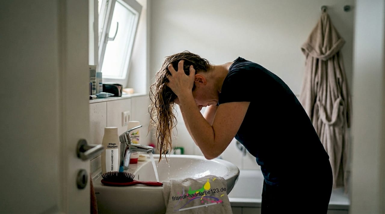 Eine Frau wäscht sich die Haare über dem Waschbecken.