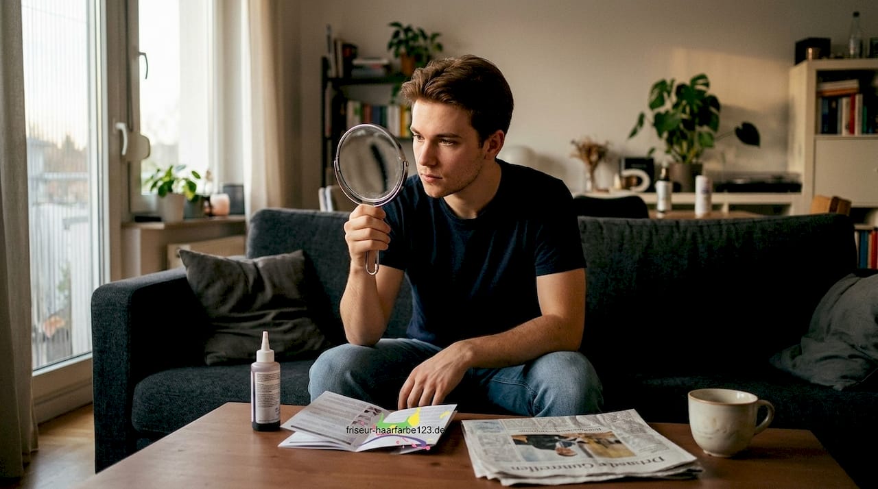 Ein junger Mann begutachtet seine frisch gefärbten Haare im Spiegel.