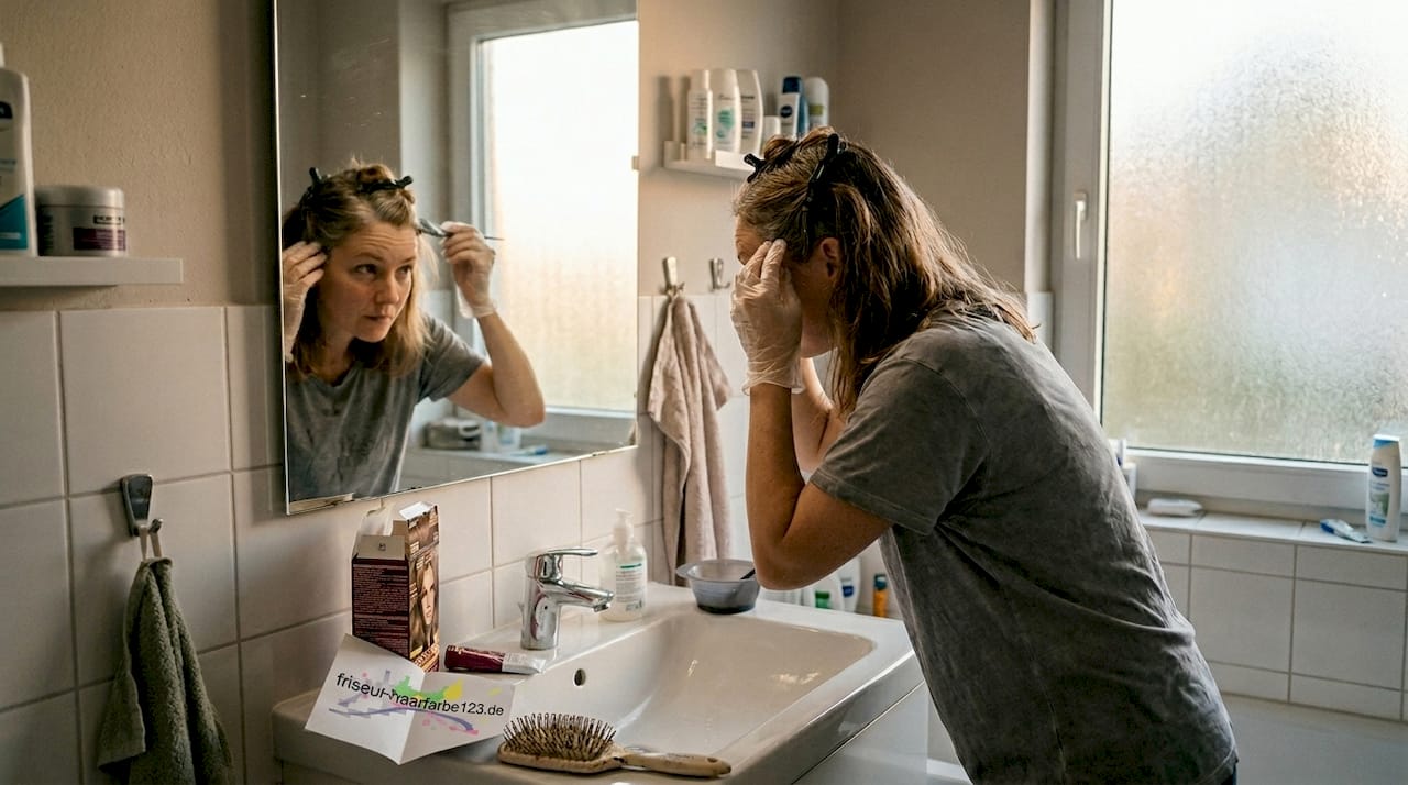 Eine Frau färbt sich zu Hause am Waschbecken im Bad die Haare.