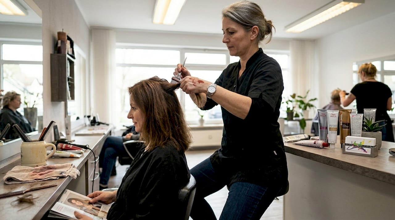Im Friseursalon trägt die Stylistin eine Tönung auf das Haar der Kundin auf.