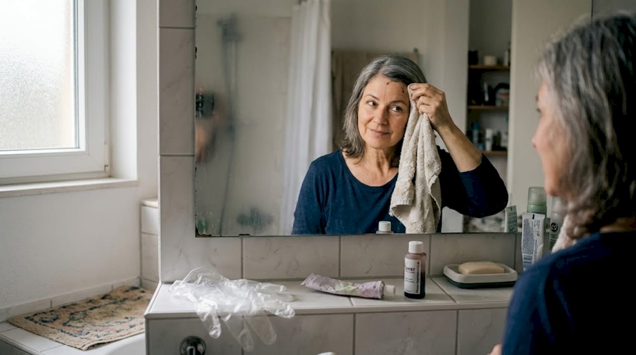 Nach dem Auftragen einer sanften Tönung begutachtet eine Frau ihr graues Haar im Spiegel.