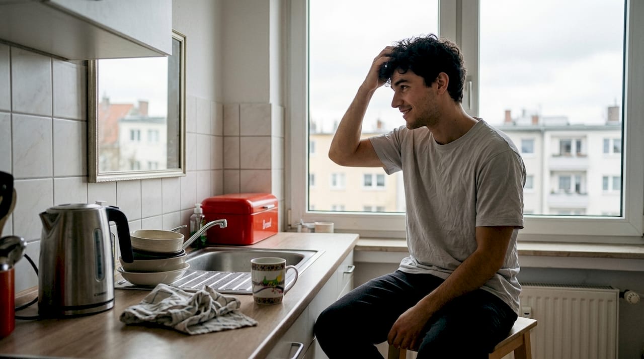 Mann testet neuen Trend-Haarschnitt vor dem heimischen Spiegel