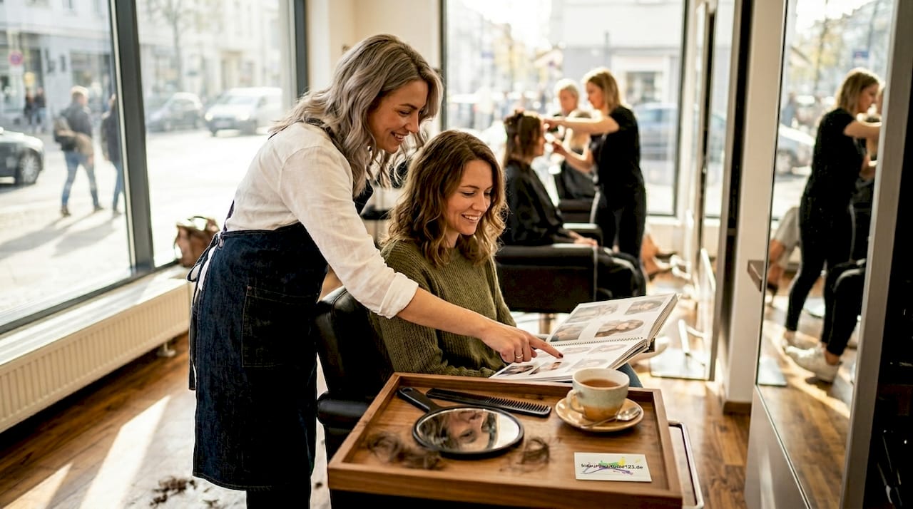 Im Friseursalon nimmt sich die Friseurin Zeit, ihre Kundin ausführlich zu beraten.