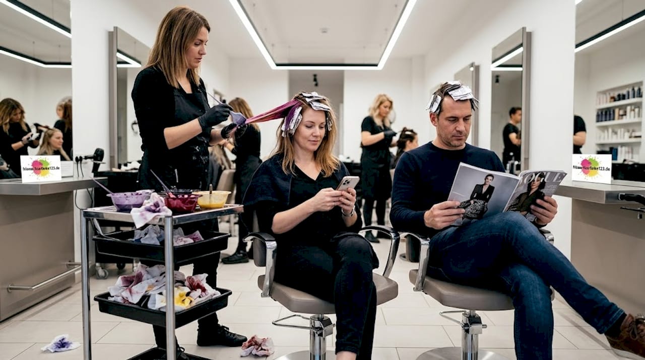 Ein Paar beim Friseur: Gemeinsam neue Looks mit Color Blocking ausprobieren