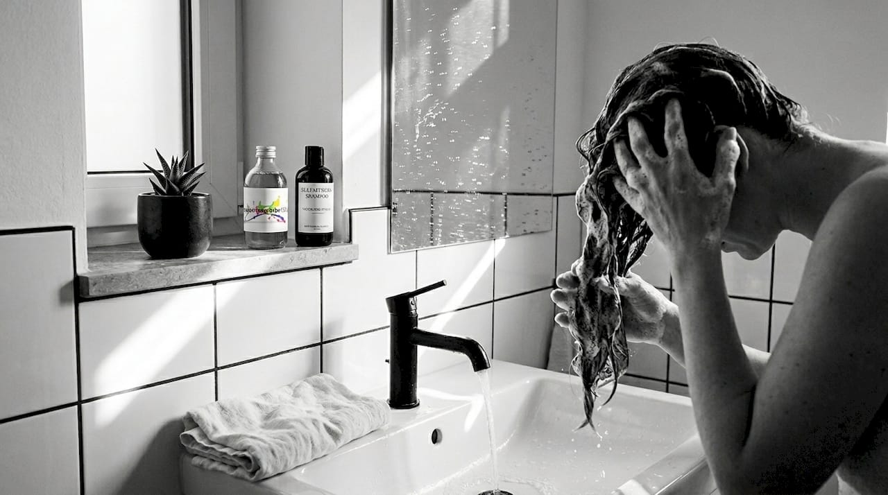 Eine Frau schäumt ihr Haar am Waschbecken mit Shampoo ein.