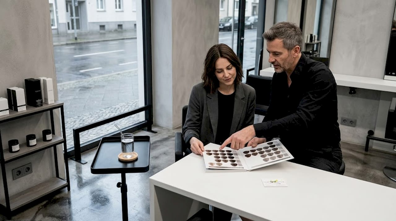Eine Kundin stöbert im Friseursalon durch die Farbmuster, um den passenden Ton für ihre neue Frisur auszuwählen.