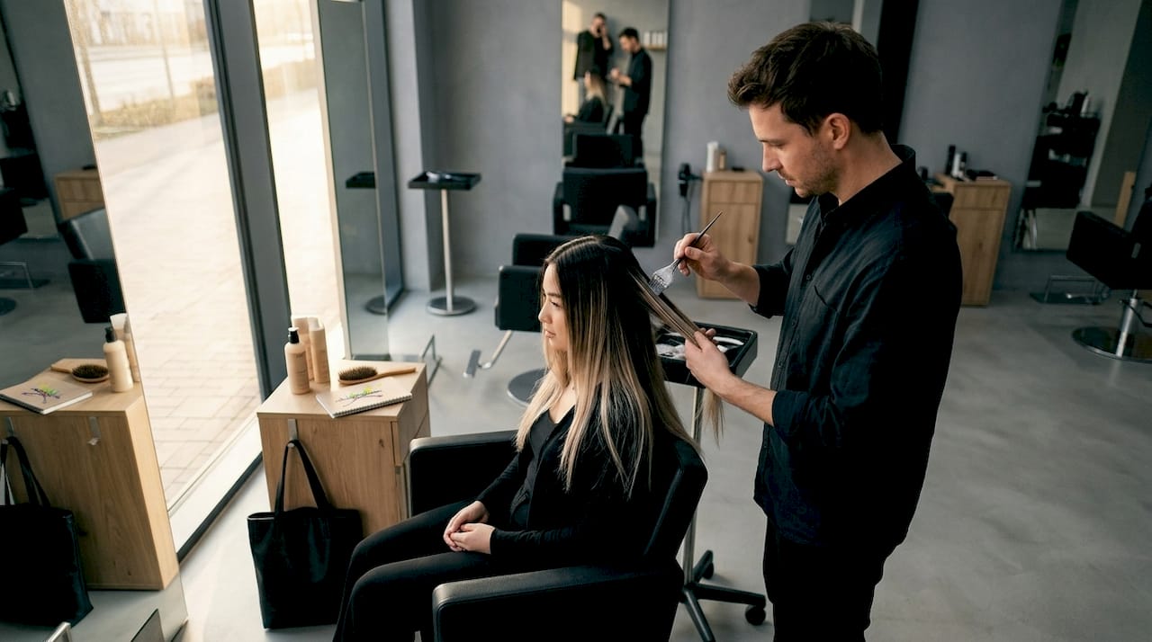Ein Friseur färbt langes Haar im angesagten Ombré-Look.