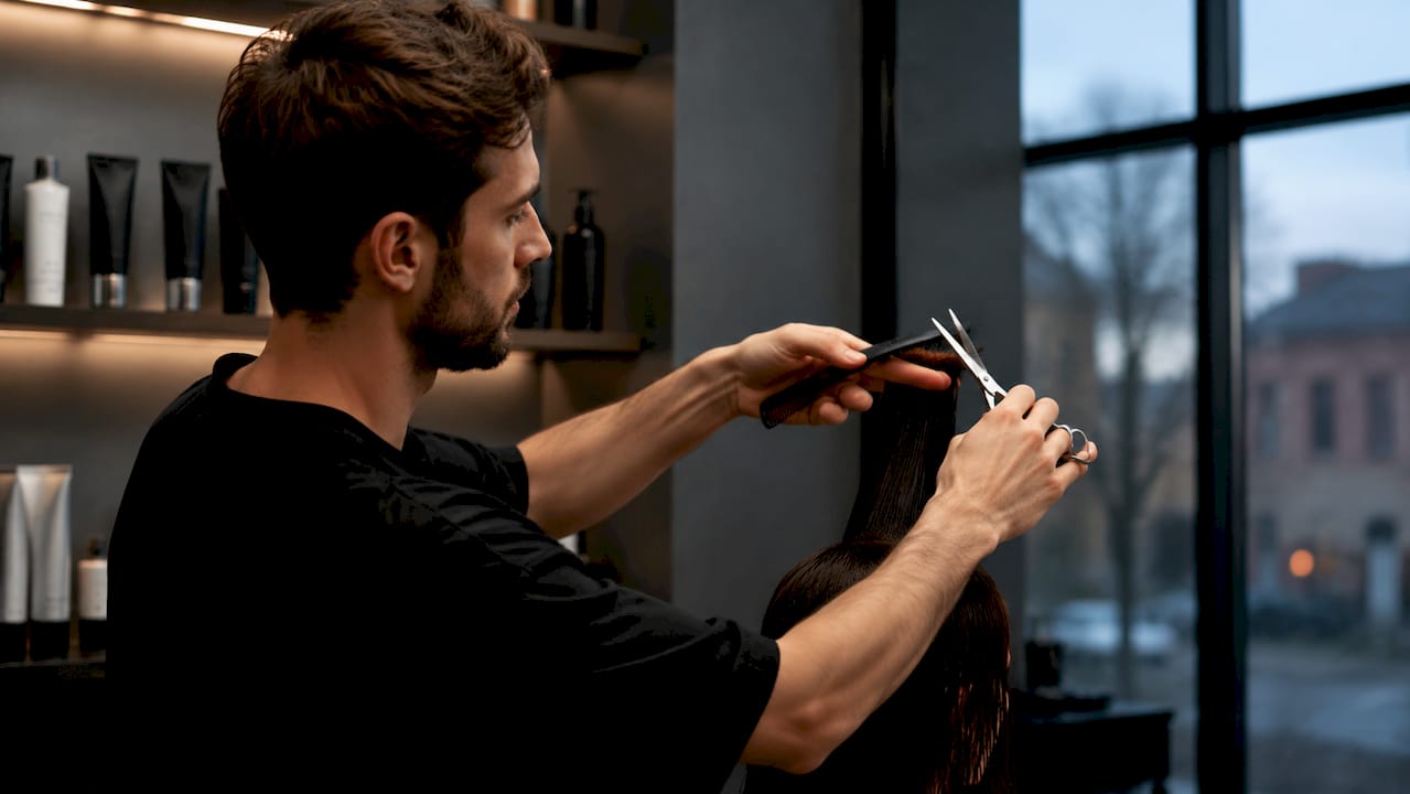 Die Hände führen den Schnitt im gewünschten Winkel zur Haarsträhne aus.