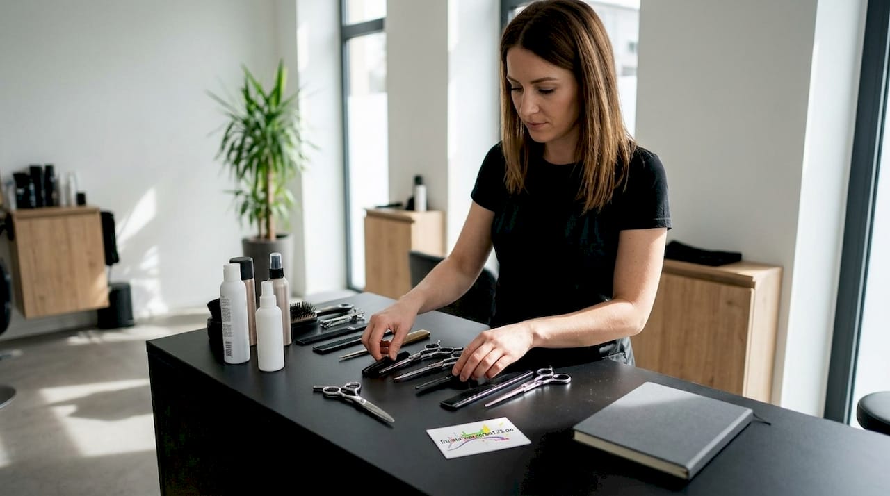 Ein Friseur richtet seine Arbeitsutensilien im modernen Salon her und bereitet alles für den nächsten Kunden vor.
