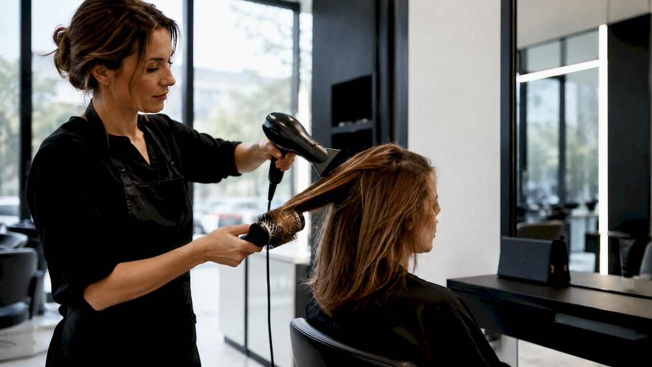 Im Salon bringt der Friseur das Haar mit Föhn und Rundbürste perfekt in Form.