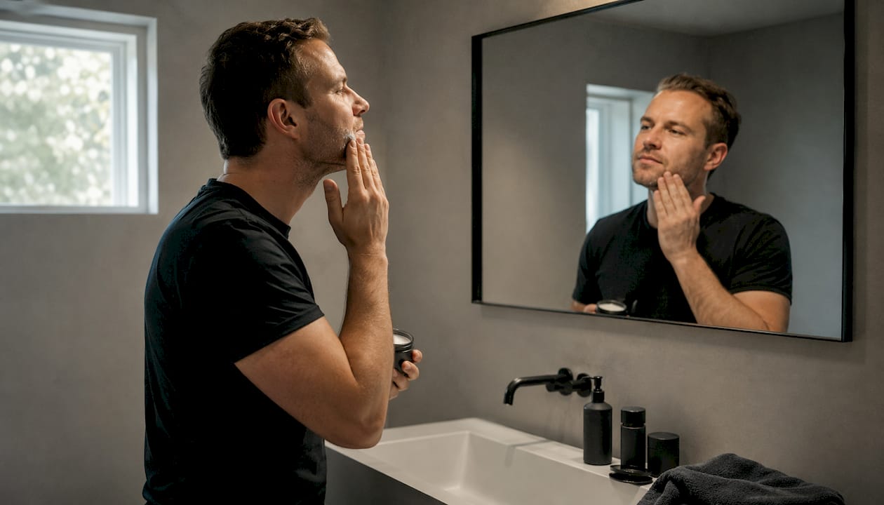 Ein Mann trägt nach der Rasur ein beruhigendes Aftershave-Balsam auf sein Gesicht auf.