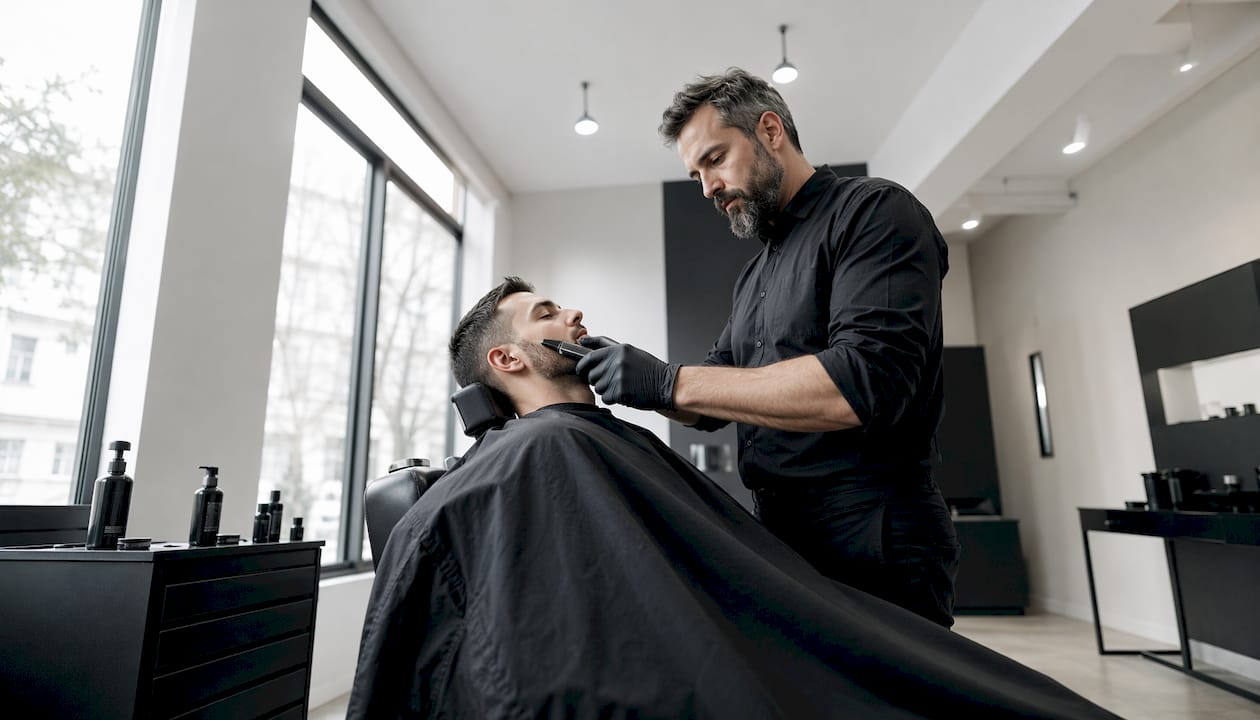 Ein Barbier rasiert einen Kunden im Salon – ganz ohne Rasierschaum, nur mit dem Rasiermesser.