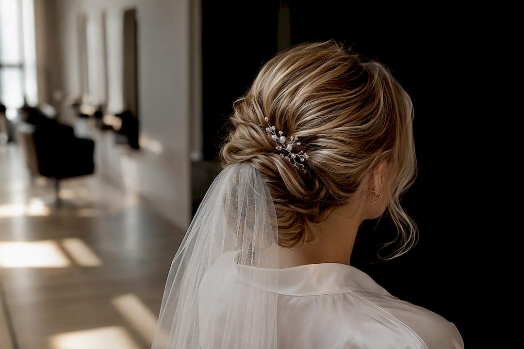 Elegante Hochsteckfrisur für die Braut mit Schleier und Haarschmuck