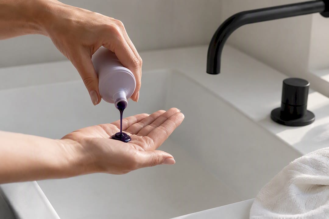 Eine kleine Menge Violettshampoo in der Hand