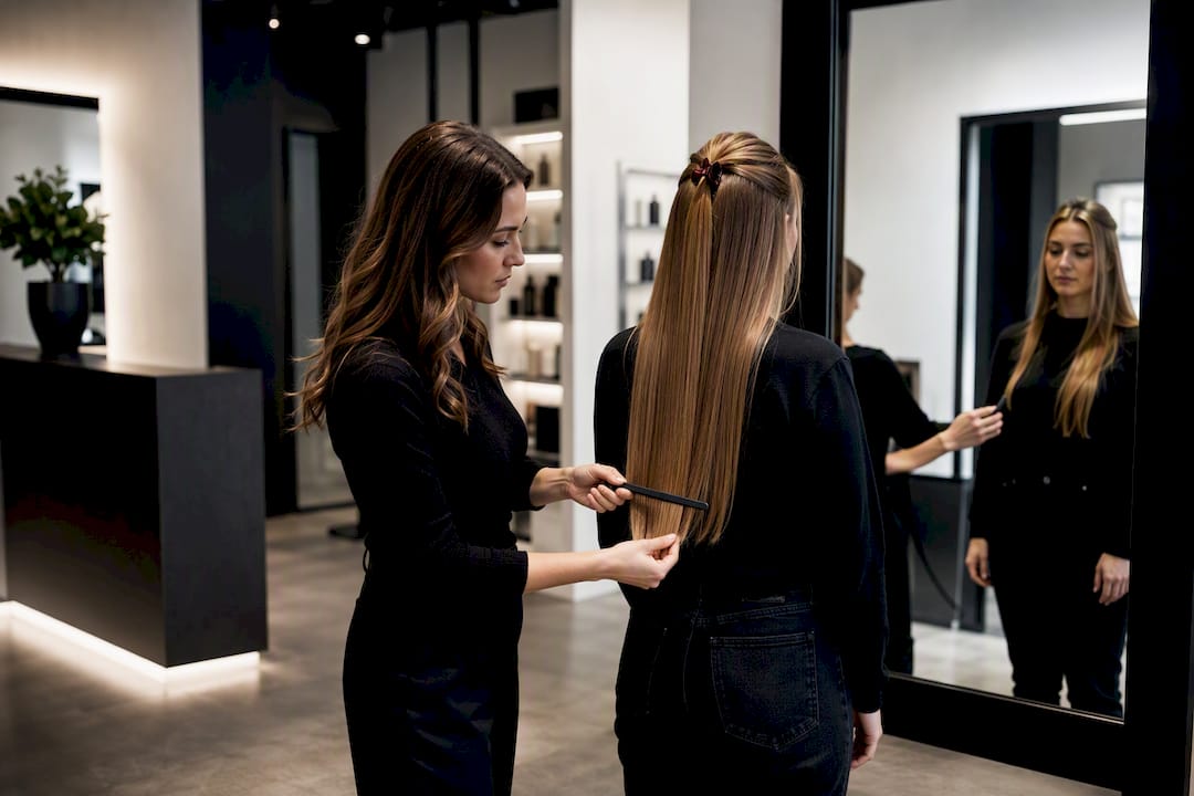 Stylistin stimmt sich mit Kundin über die Haarlänge ab