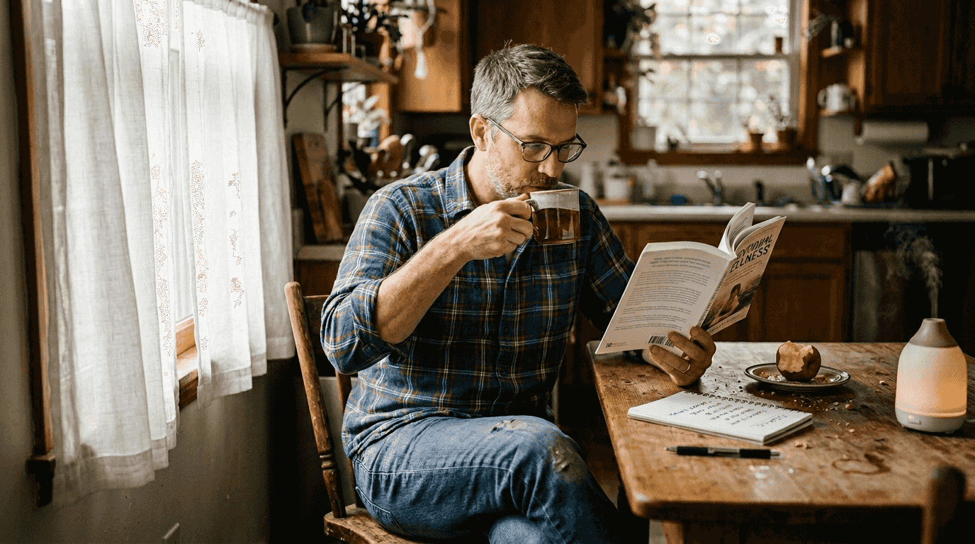 Man reading wellness book with diffuser nearby