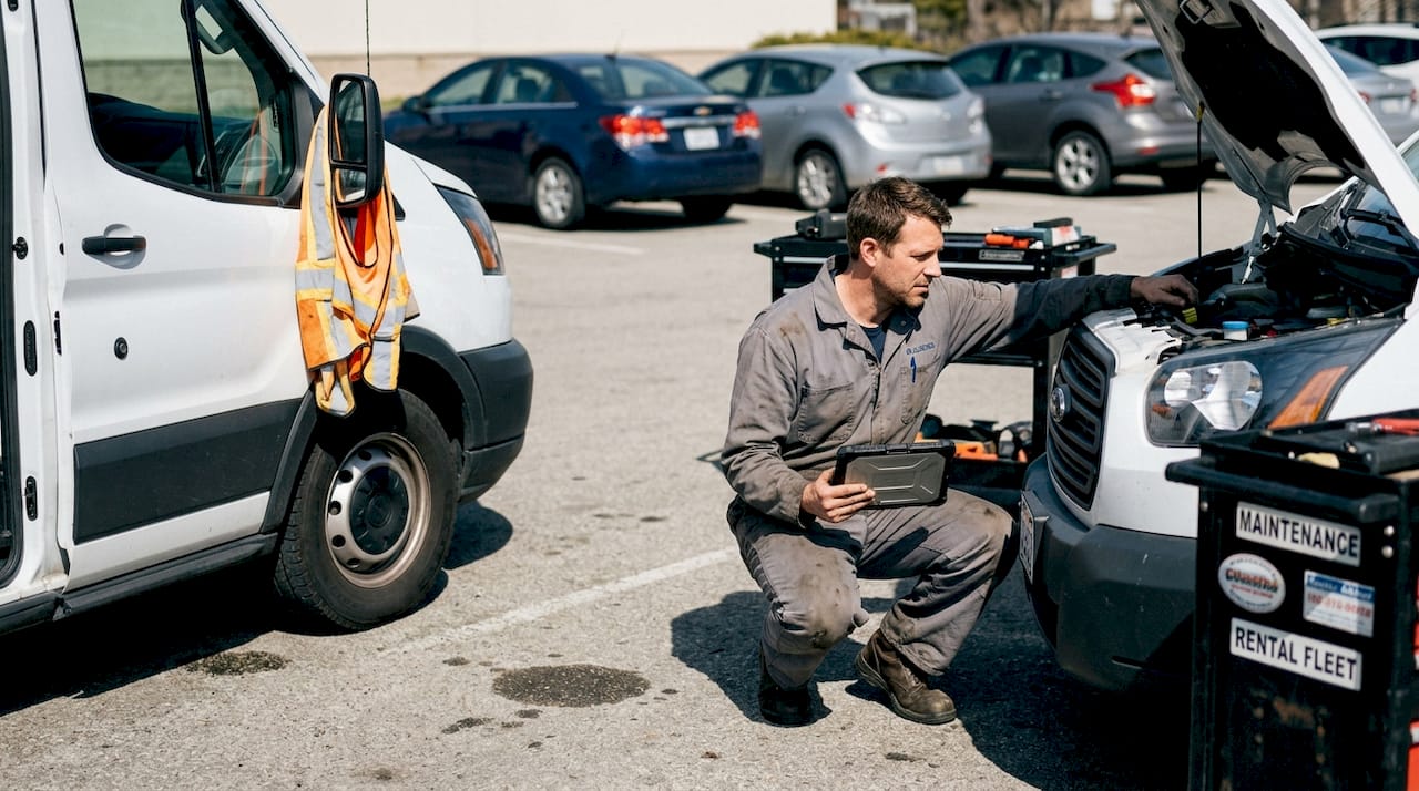 Mechanic inspecting van in car rental lot