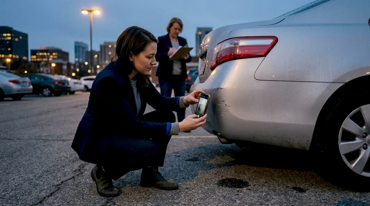 Rental agent documenting car return damage