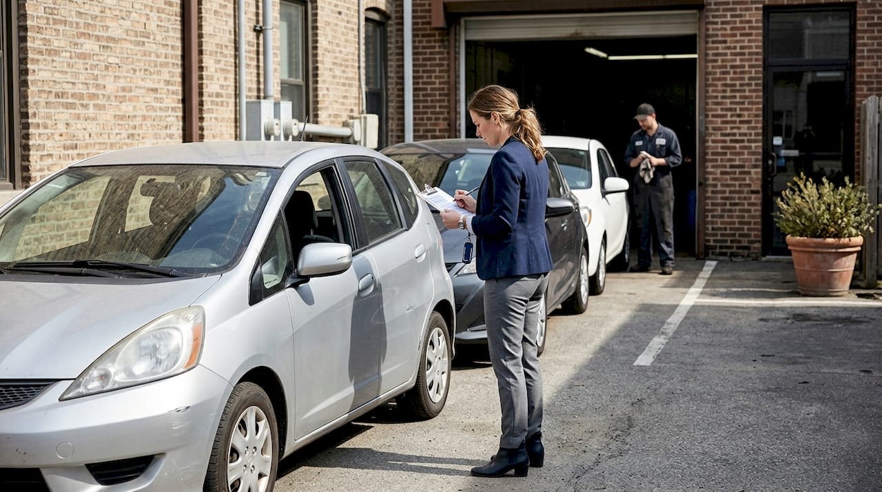 Woman inspecting rental car fleet outdoors