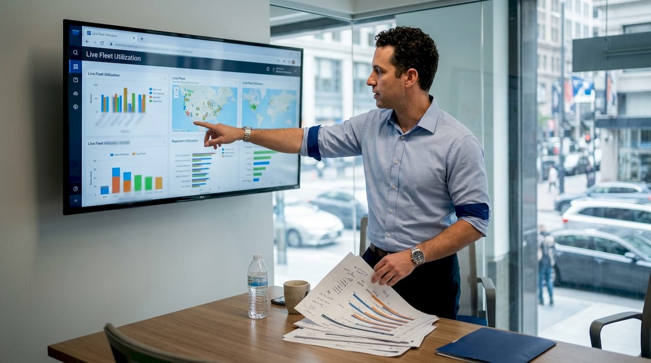 Operations specialist points to live fleet dashboard